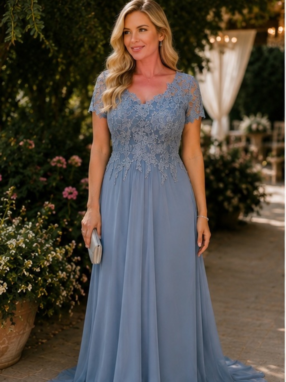 Dusty Blue Lace Chiffon Bridesmaid Gorgeous Gown